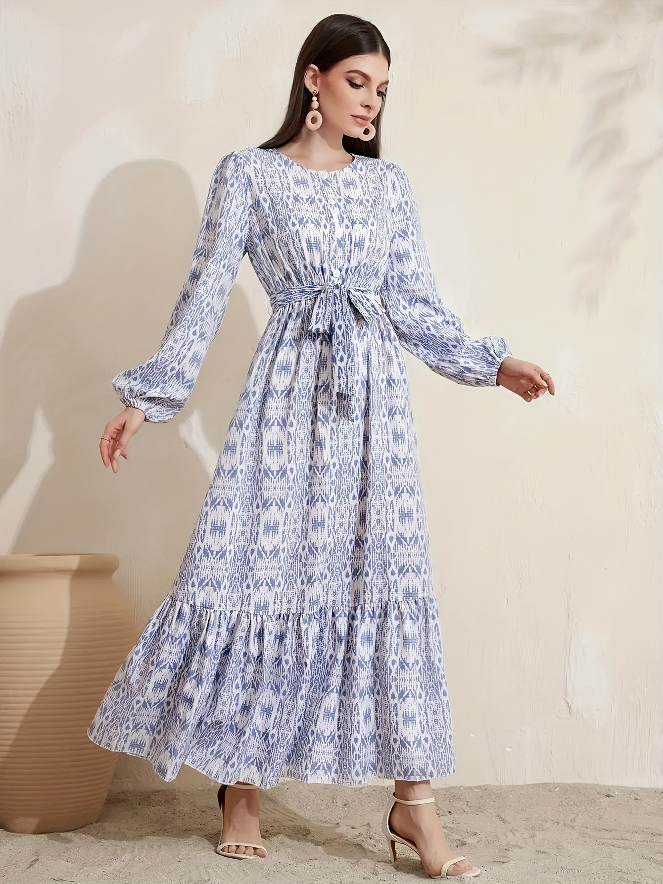 Women's Plus Geometric Print Lantern Sleeve Maxi Dress With Belt