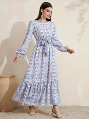 Women's Plus Geometric Print Lantern Sleeve Maxi Dress With Belt