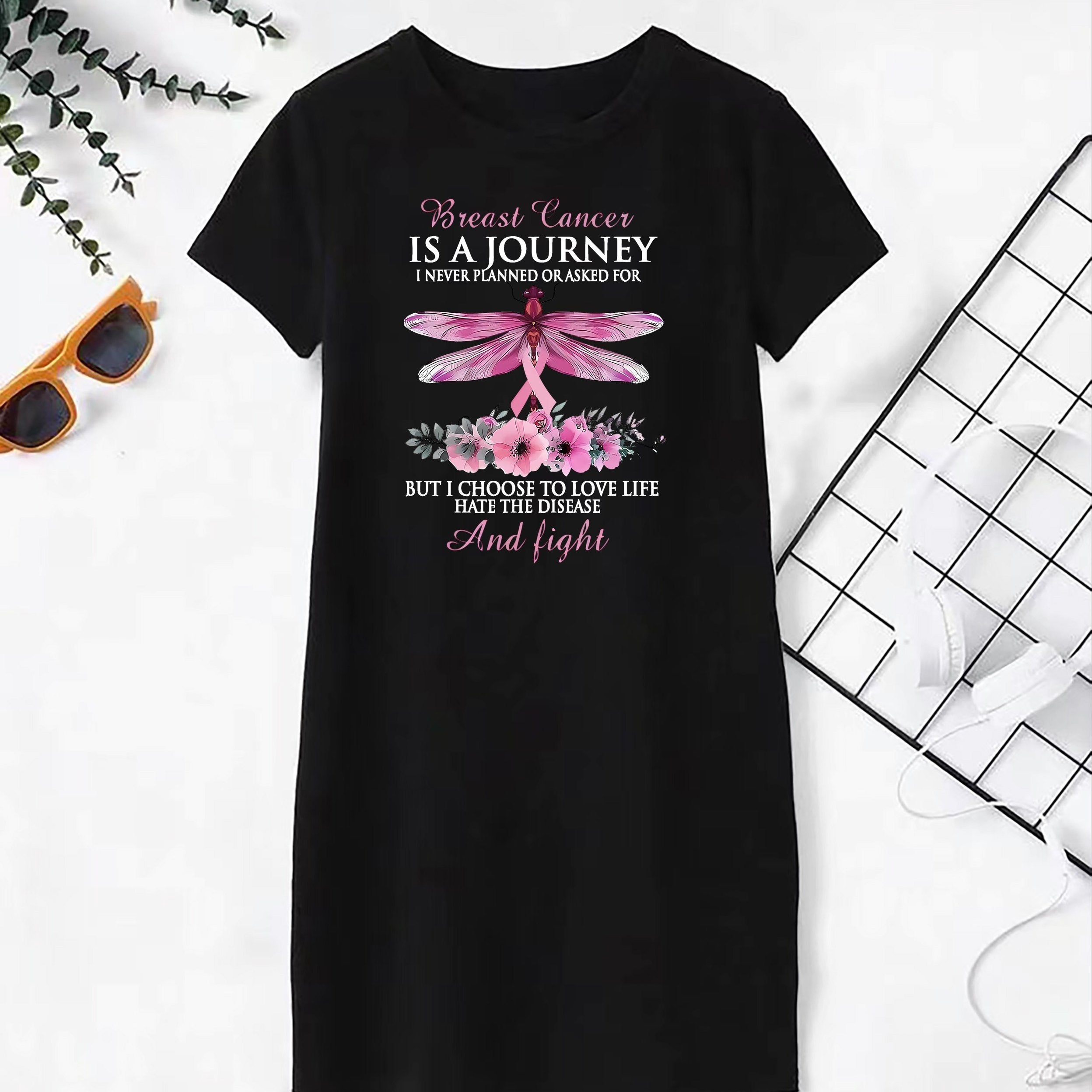  Dragonfly & Floral Print Round Neck Tee Dress