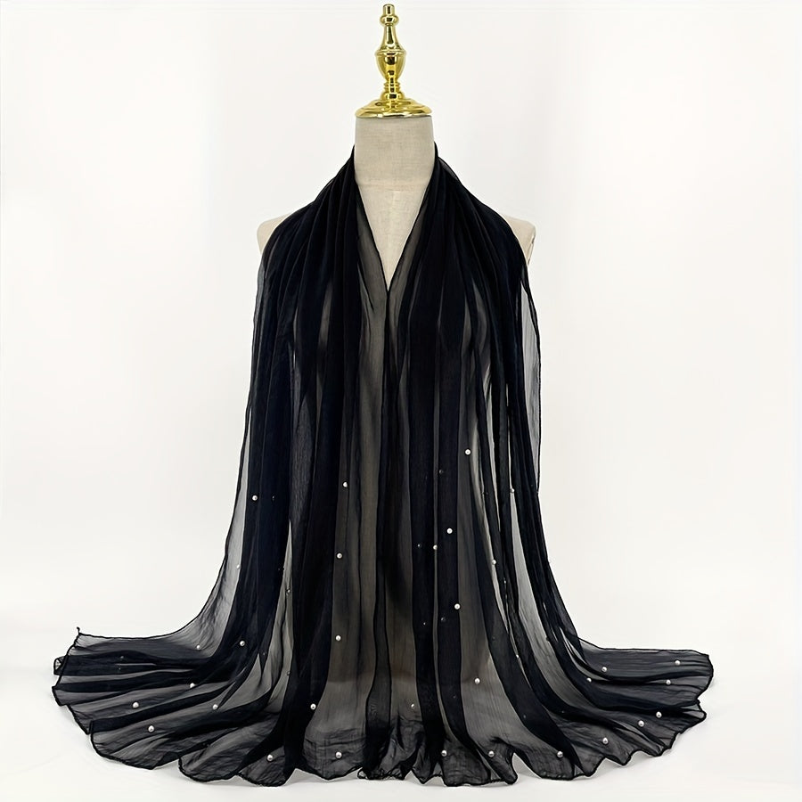 Boho Chiffon Scarf with Pearls Solid Shawl Thin Long Beach Towel