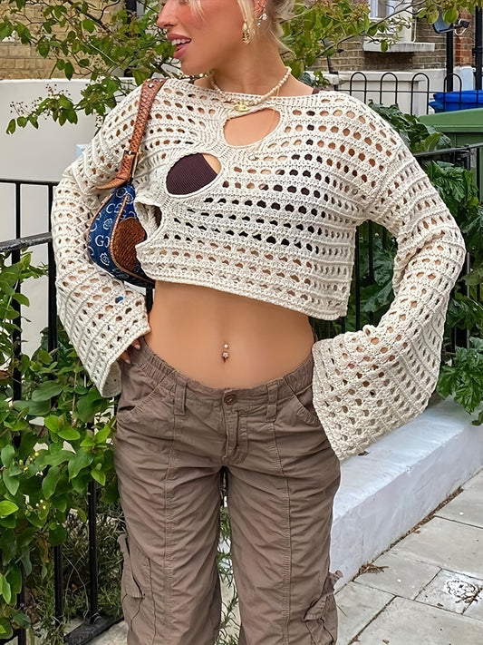 Y2K Crochet Crop Top Long Sleeve Solid Casual Top Women