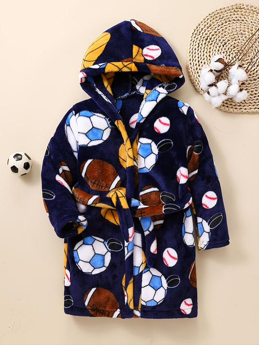 Kids Football Baseball Print Fleece Bathrobe Winter