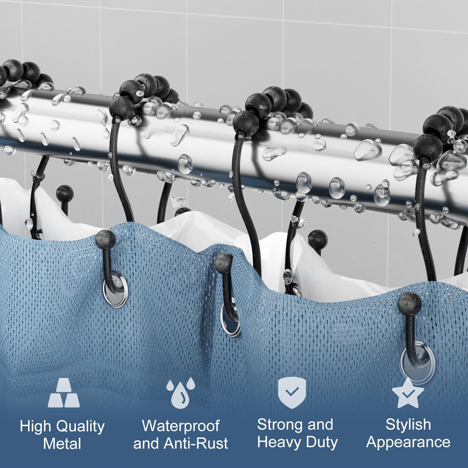 12pcs Double Hook Shower Curtain Ring Rustproof Smooth Glide for Bathroom