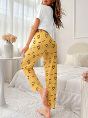 Heart Print Pajama Set Short Sleeve Crew Neck Top & Elastic Waistband Pants