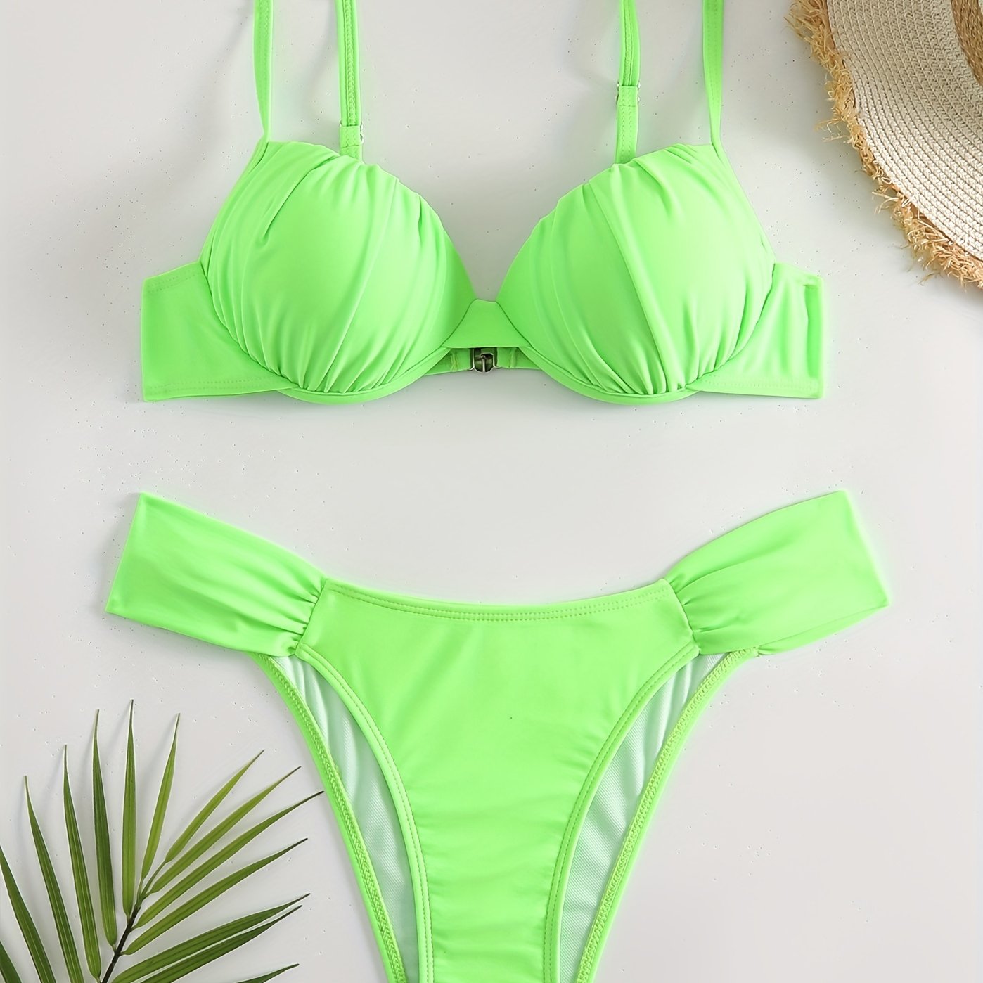 Green Ruched Bikini Sets V Neck Backless High Cut Beachwear 2 Pieces Swimsuit