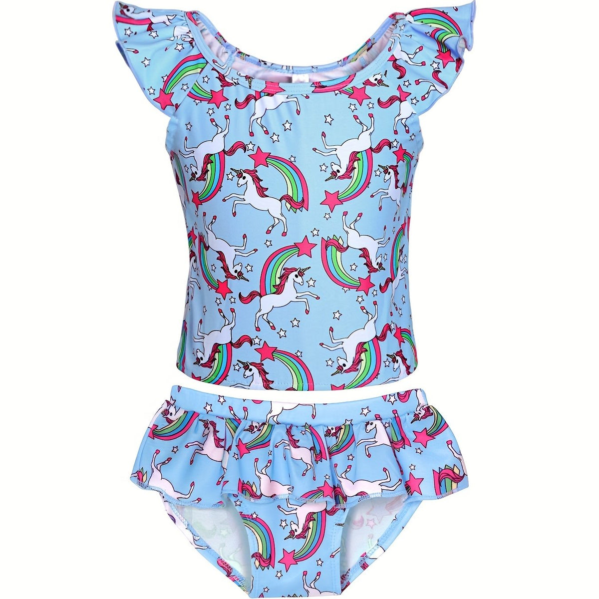 Girls Unicorn Bikini Tankini Swimsuit Ruffle Trim Top & Shorts Set