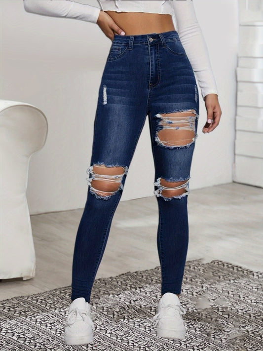 High Rise Distressed Skinny Jeans Slim Fit Denim Pants