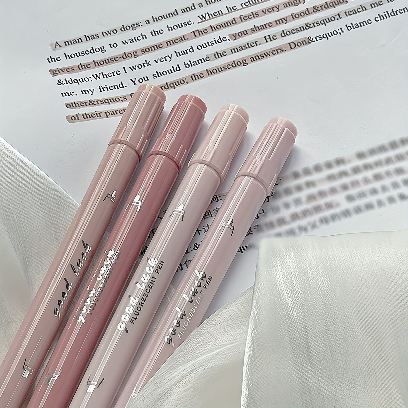4pcs Pink Double Headed Highlighter Pens Water Based Quick Dry For School Office