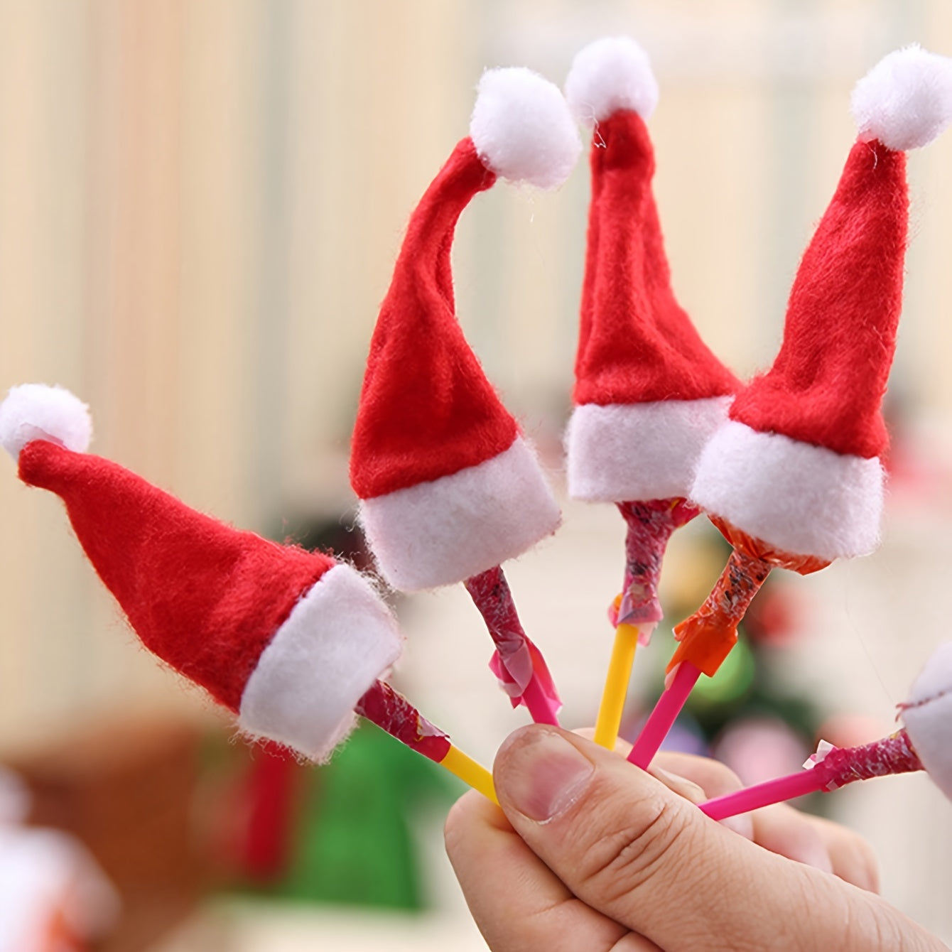 10pcs Christmas Lollipop Hat Non-woven Mini Christmas Hat Decorations