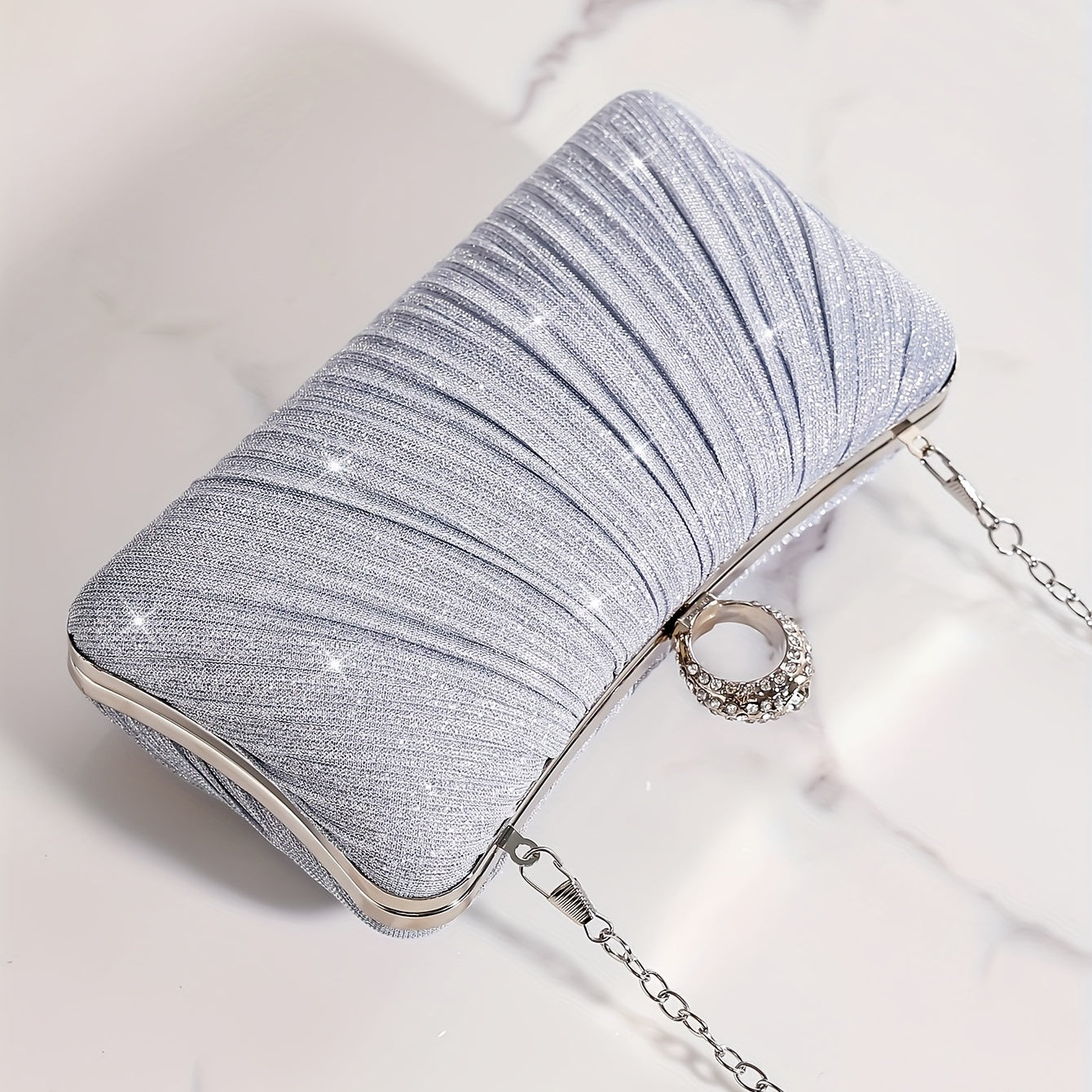 Glitter Metal Chain Clutch Textured Frame Purse Party Prom Evening Bag