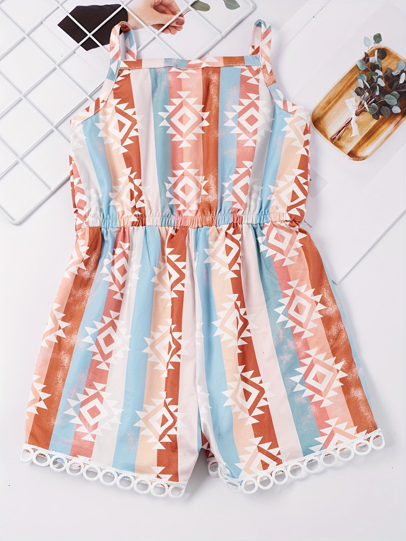 Toddler Girls Block Stripe And Abstract Graphic Lace Trim Cami Rompers Jumpsuits