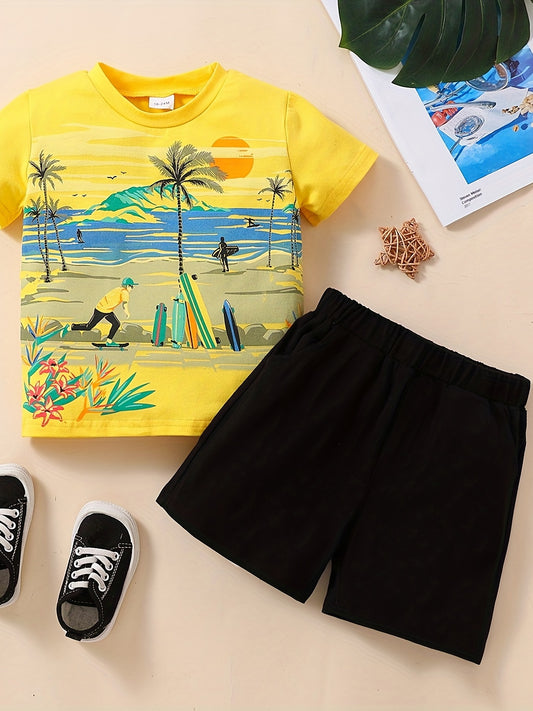 Boys Beach Print T Shirt And Shorts Set
