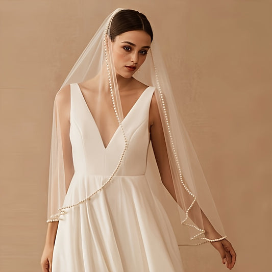 Exaggerated Large Pearl Edge Bridal Veil with Drape