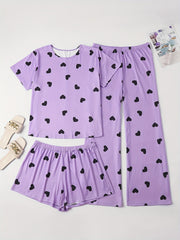  Heart Print Tee & Shorts & Pants Set