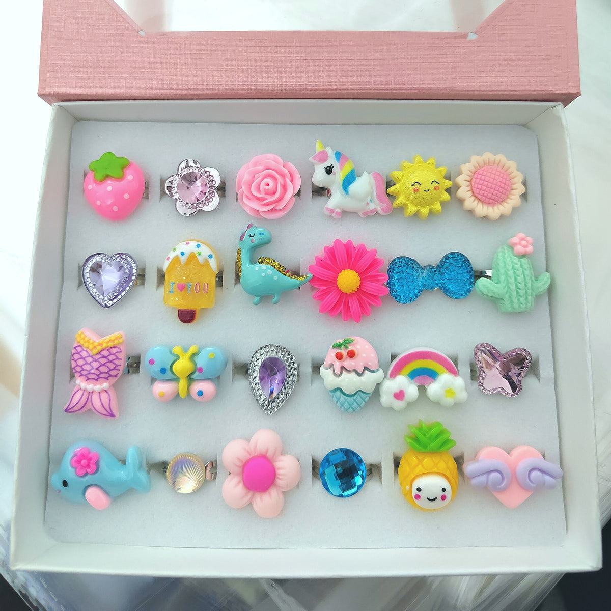 24pcs Girls Cartoon Adjustable Rings Set With Box