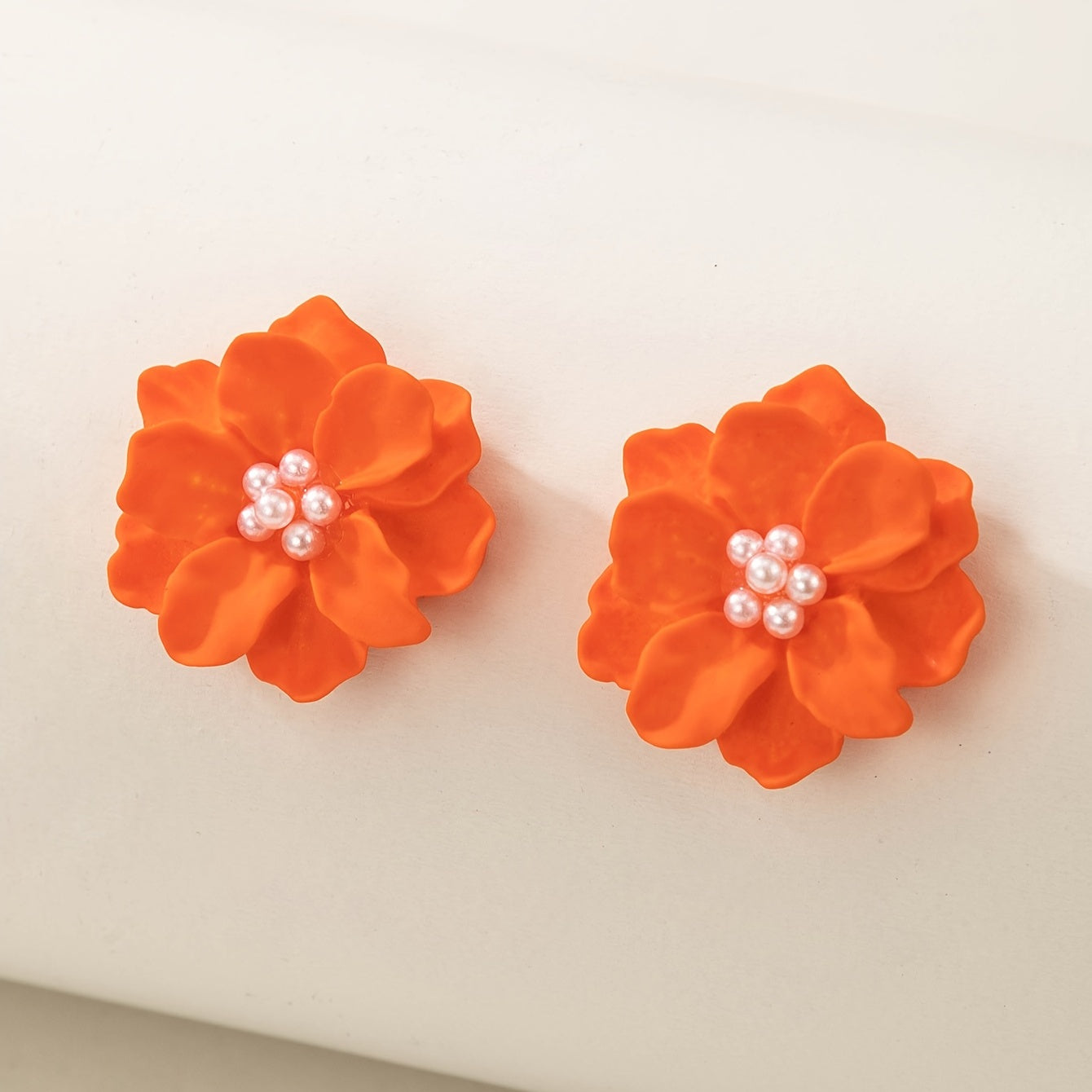 Orange Camellia Flower Stud Earrings For Women Girls 1Pair