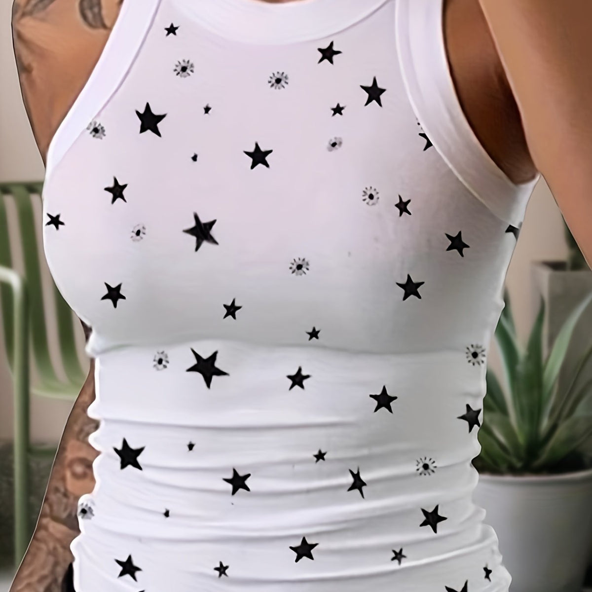 Star Print Tank Top Sleeveless Crew Neck Every Tops Women's