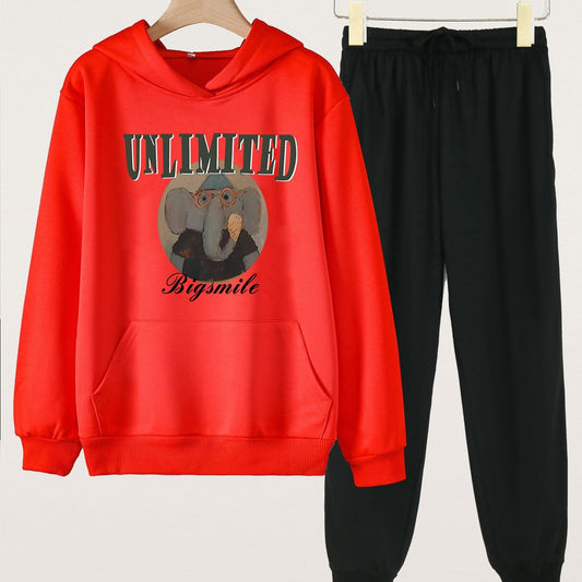 2pcs Elephant Graphic Hoodie & Jogger Pants Set For Girls