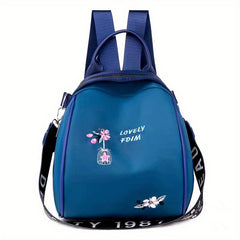 Floral Embroidery Zipper Backpack with Letter Tape Strap