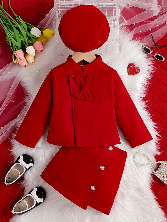 Girls 3pcs Bowknot Coat & Beret & Skirt Set Solid Outfits Kids Clothes