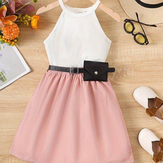 3pcs Girls Cami Top & Skirt Set with Waist Bag