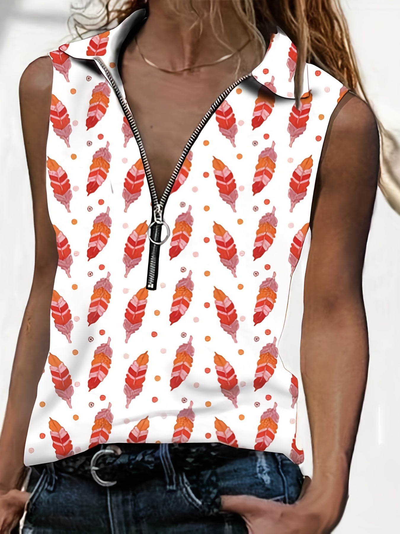 Feather Print Zipper Tank Top Women's Sleeveless Summer Casual Tank Top