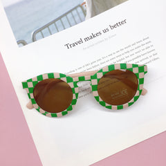 Girls Plaid & Striped Round Frame Sunglasses UV Protection