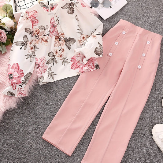 2pcs Girls Fall Clothes Long Ruffled Sleeve Flower Print Tops & Pants Set