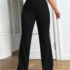  Solid Elastic High Rise Casual Pants
