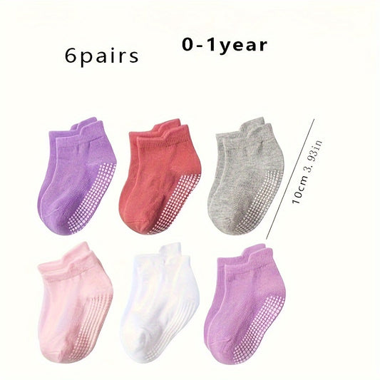 6 Pairs Baby Girl's Non Slip Socks Solid Cotton Blend Bottom