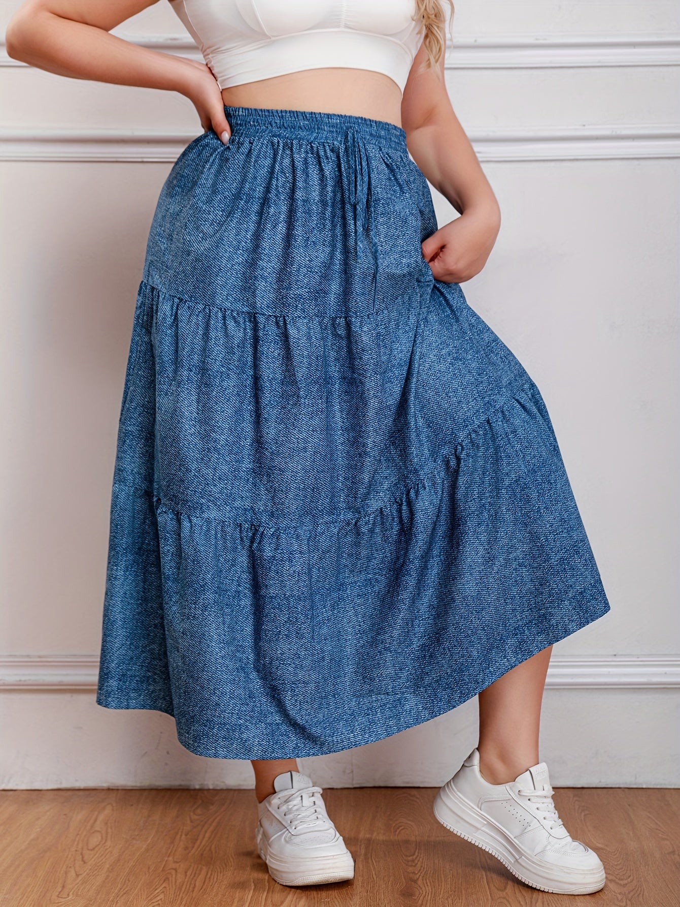  Casual Skirt Women's Plus Denim Print Drawstring Elastic High Rise