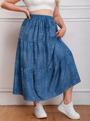  Casual Skirt Women's Plus Denim Print Drawstring Elastic High Rise