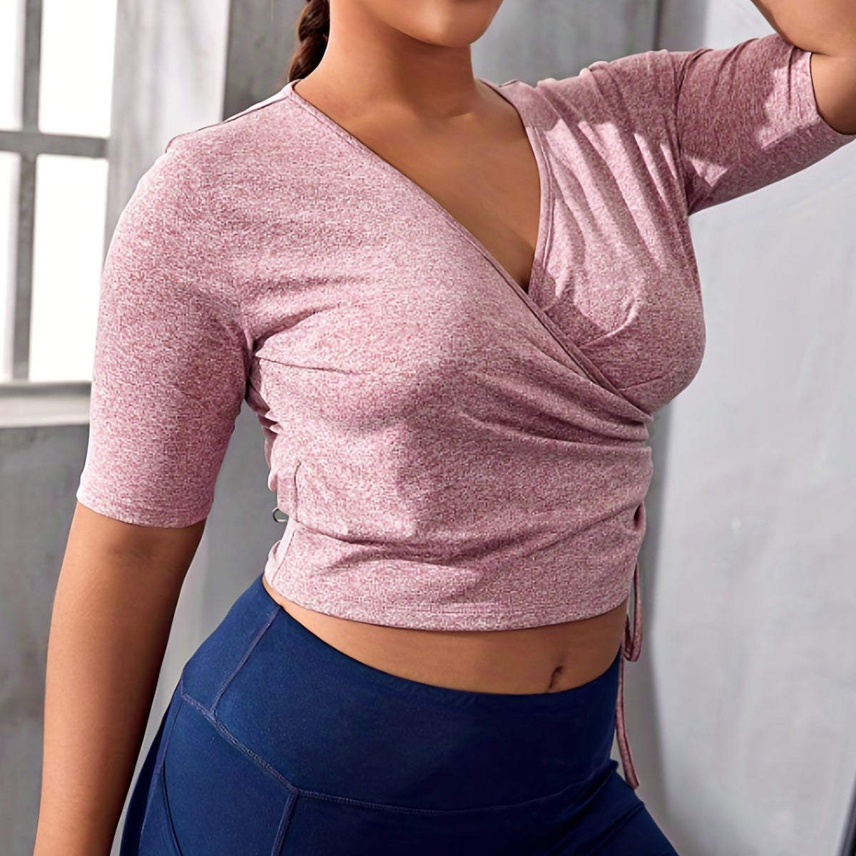  Heathered Drawstring Short Sleeve Sports Crop Top