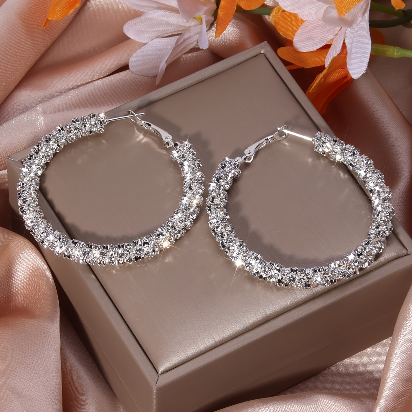 Full Rhinestone Hoop Earrings Silver Plated Jewelry Party Gift 1Pair
