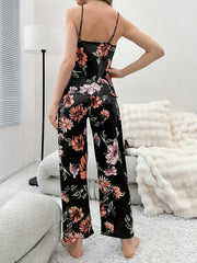 Floral Print Pajama Set Deep V Cami Top & Elastic Waistband Pants