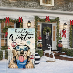Hello Winter Dog Garden Flag Double Sided Snowflake Skiing Golden Retriever