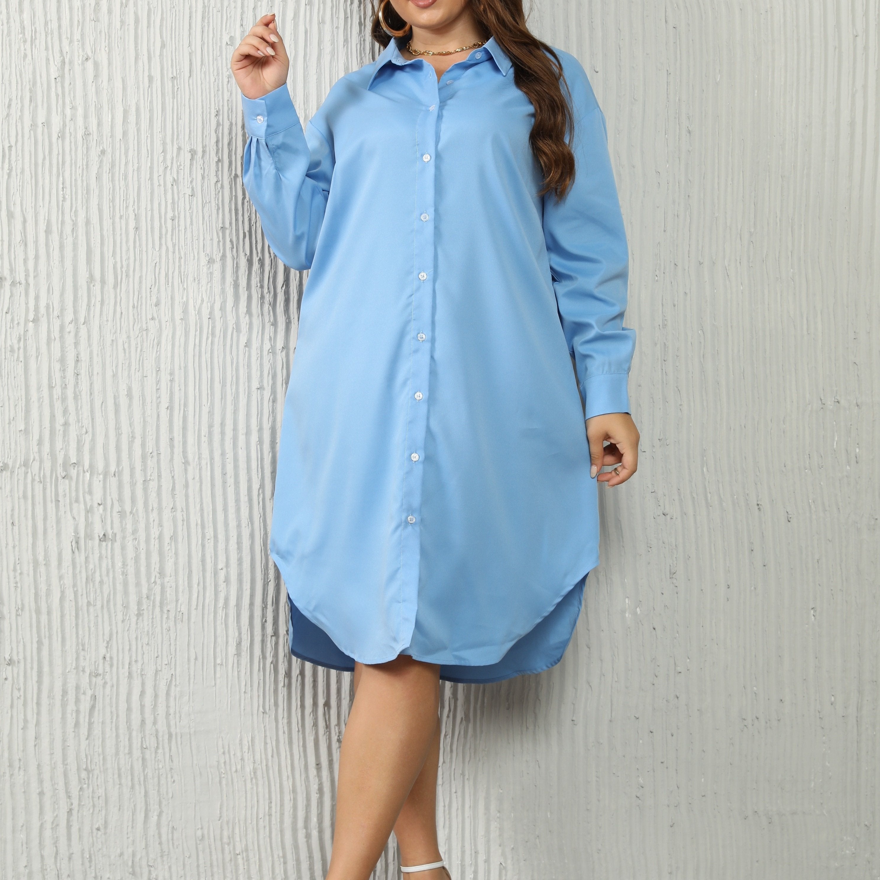  Solid Button Up Long Sleeve Collar Shirt Dress