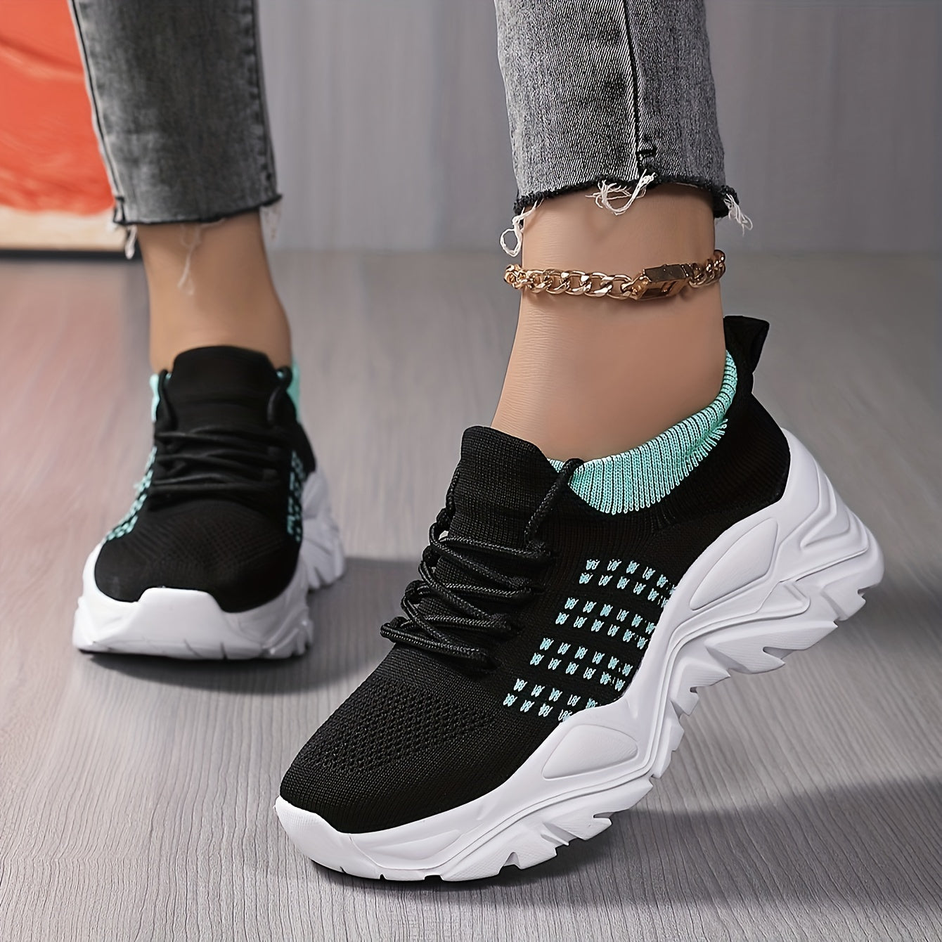 Women's Knit Chunky Sneakers Breathable Non-slip Outdoor Running Shoes