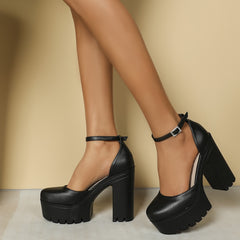 Women's Platform Ankle Strap Heels Waterproof Faux Leather Pumps