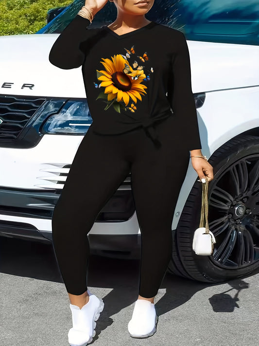  2 Piece Set Sunflower & Butterfly Print V Neck Top & Leggings