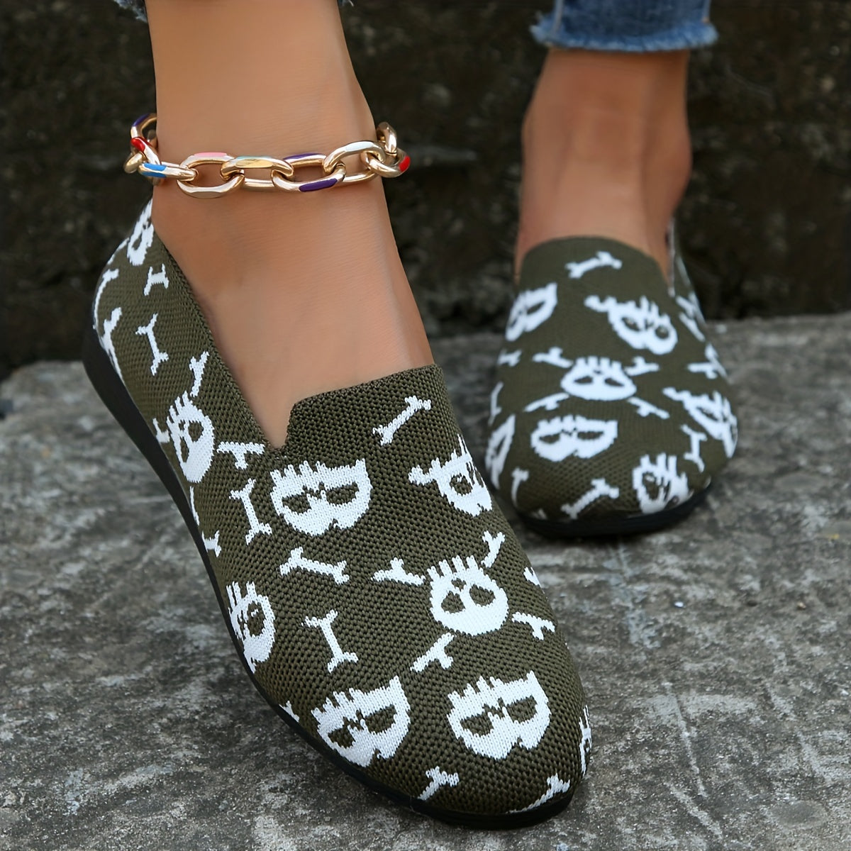 Women's Skull Flat Shoes Low Top Slip On Knit Mesh Halloween Shoes