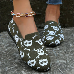 Women's Skull Flat Shoes Low Top Slip On Knit Mesh Halloween Shoes