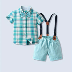 Boy's Gentleman Bowtie Shirt & Overalls Set for Summer Party