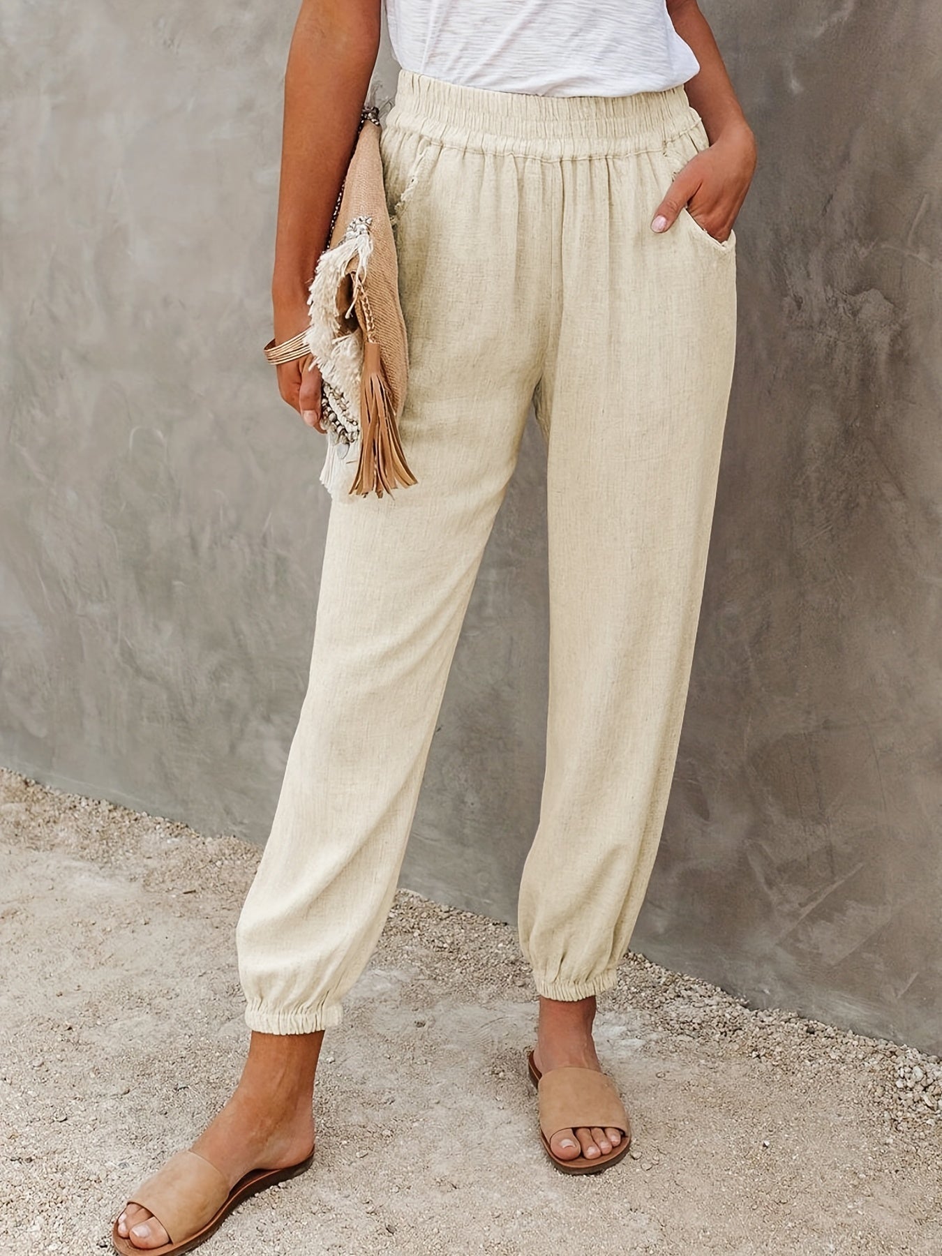 Ruched Pants Elastic High Waist Cropped Pants With Pockets