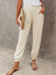 Ruched Pants Elastic High Waist Cropped Pants With Pockets