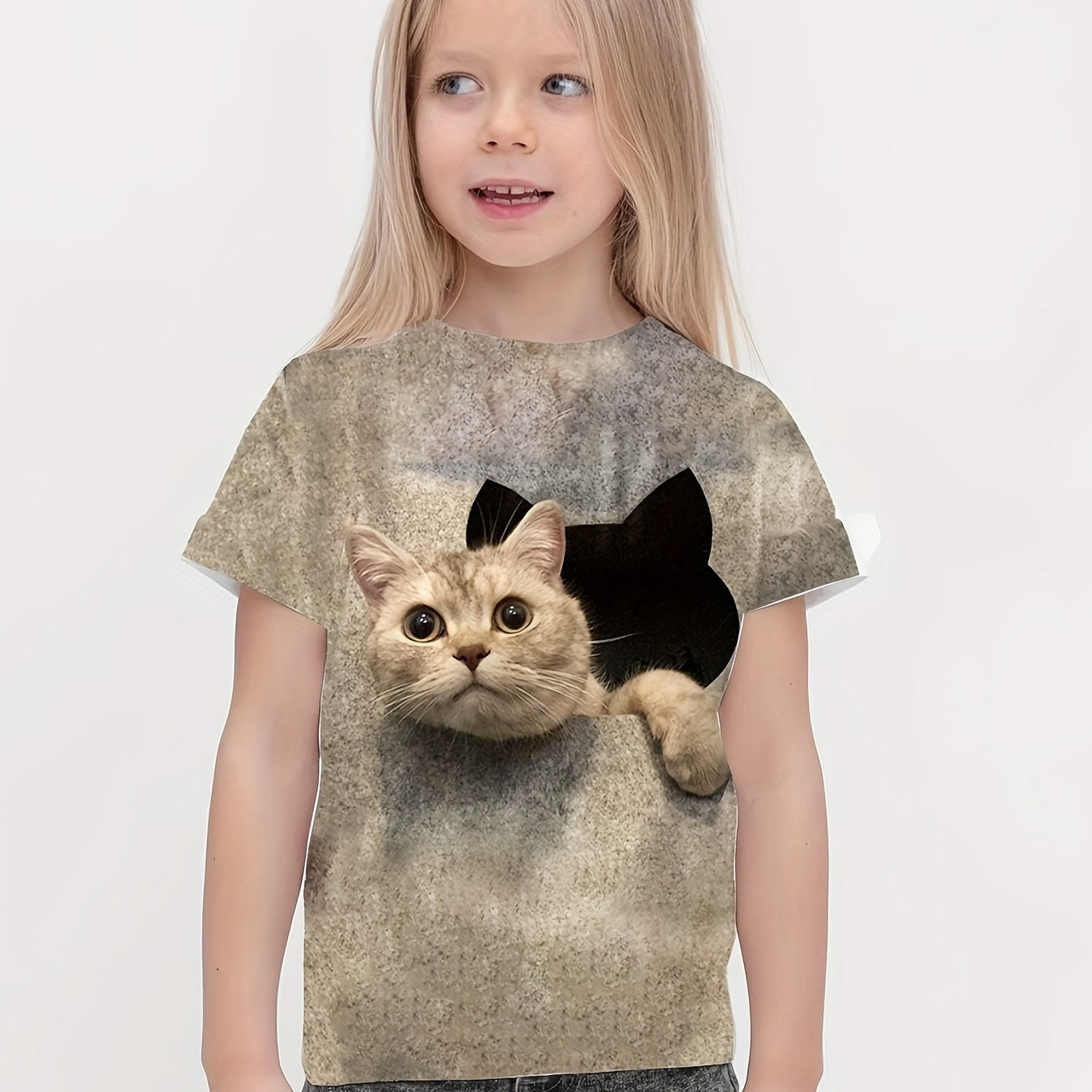 Girls 3D Cat Graphic Crew Neck T shirt Short Sleeve Summer Clothes
