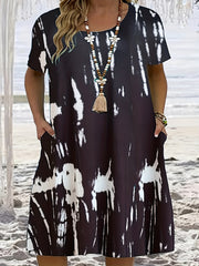  Tie Dye Short Sleeve Round Neck Dress With Pockets
