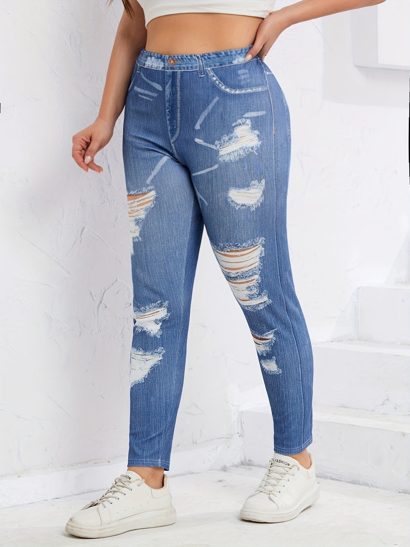High Waist Ripped Slim Jeggings for Women