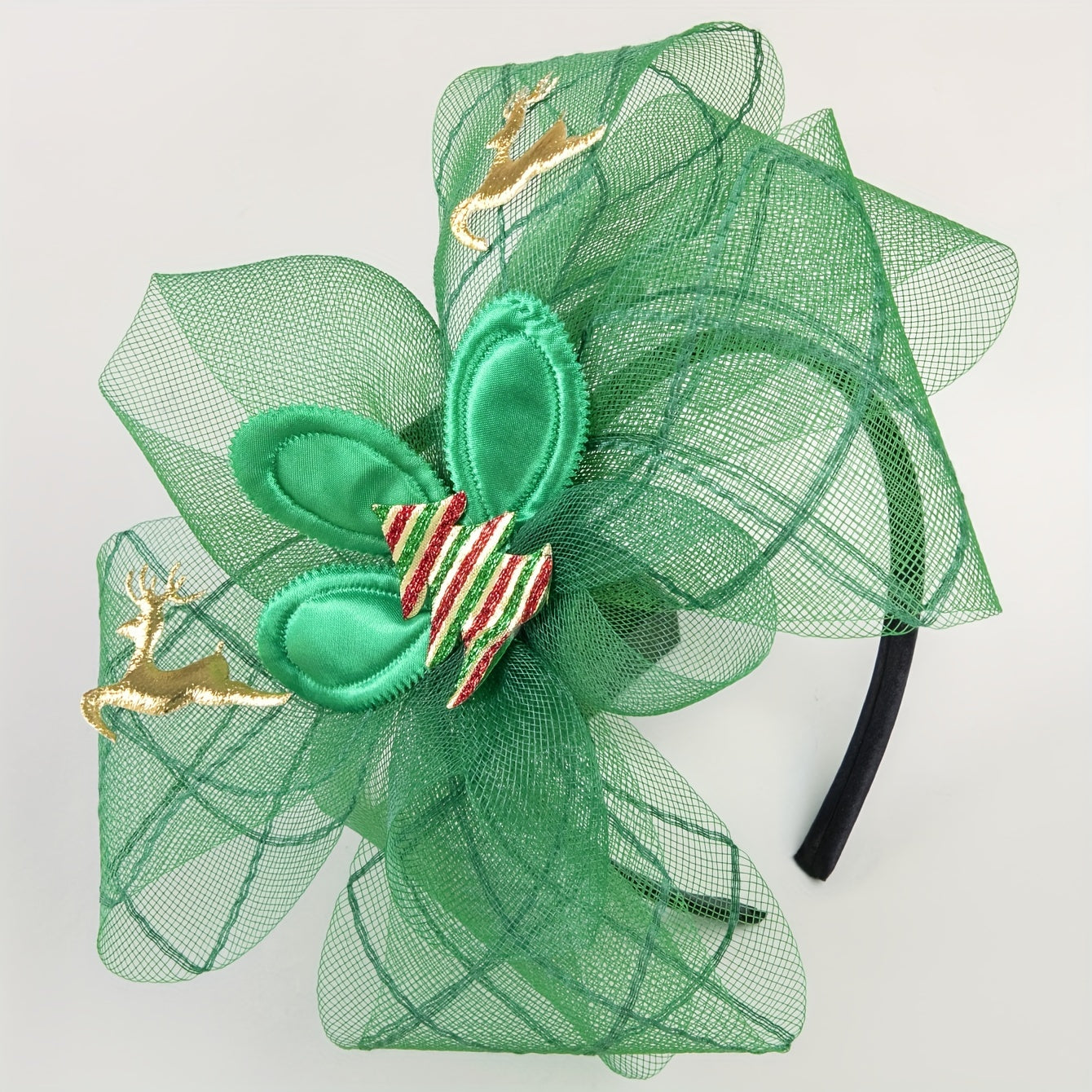 Christmas Mesh Head Piece Golden Elk Decor Green Fascinator Headband