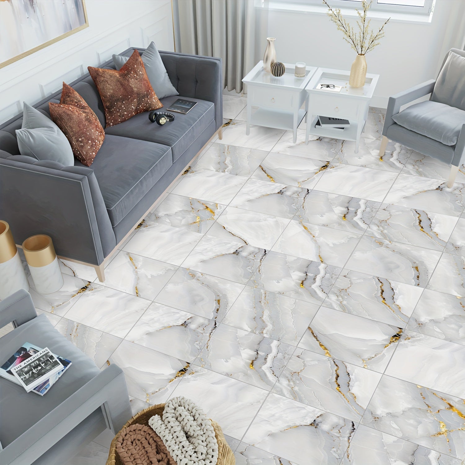 Grey Marble Pattern Floor Sticker Peel Stick Tile Waterproof Bathroom Kitchen